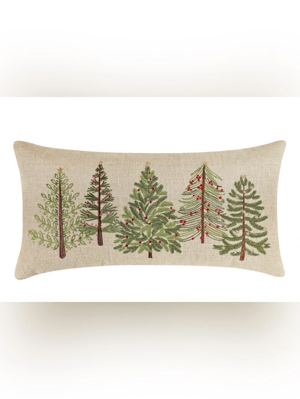 Levtex Beige Holiday Tree Embroidered Lumbar Pillow with Green and Red Accents